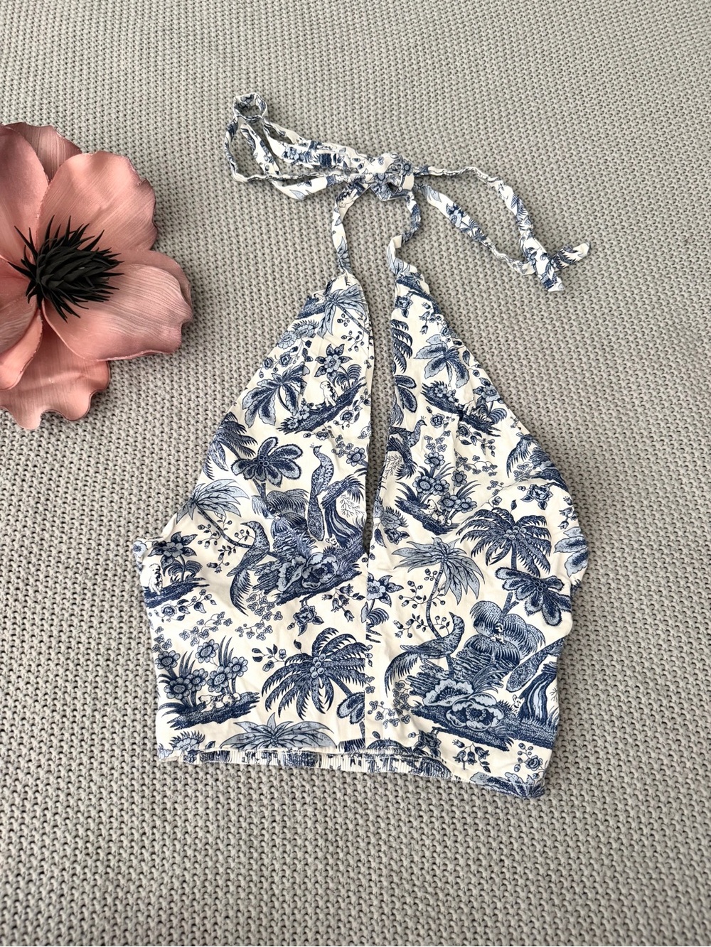 STAUD Blue Toile Kai Top Crop Halter Crossover Twist Neck size XS